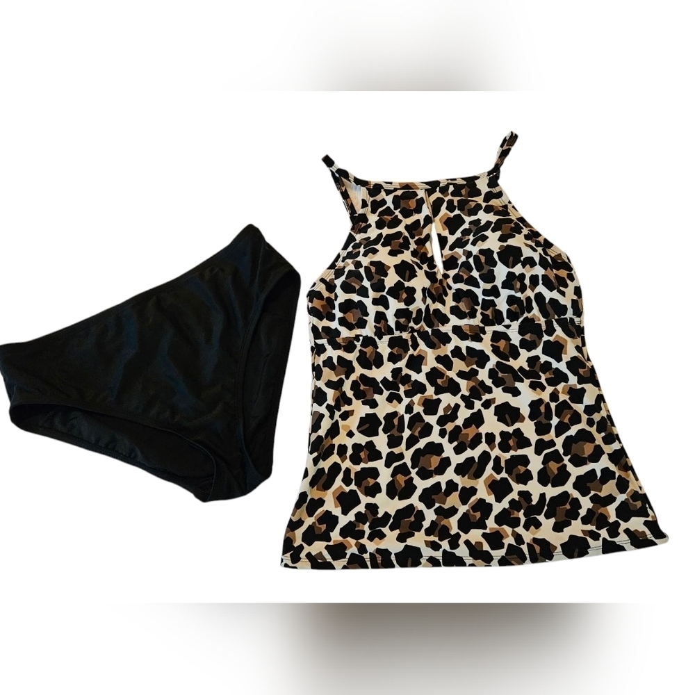 Ellen Tracy Leopard Print Keyhole Tankini with Black Bottoms - Sz 8